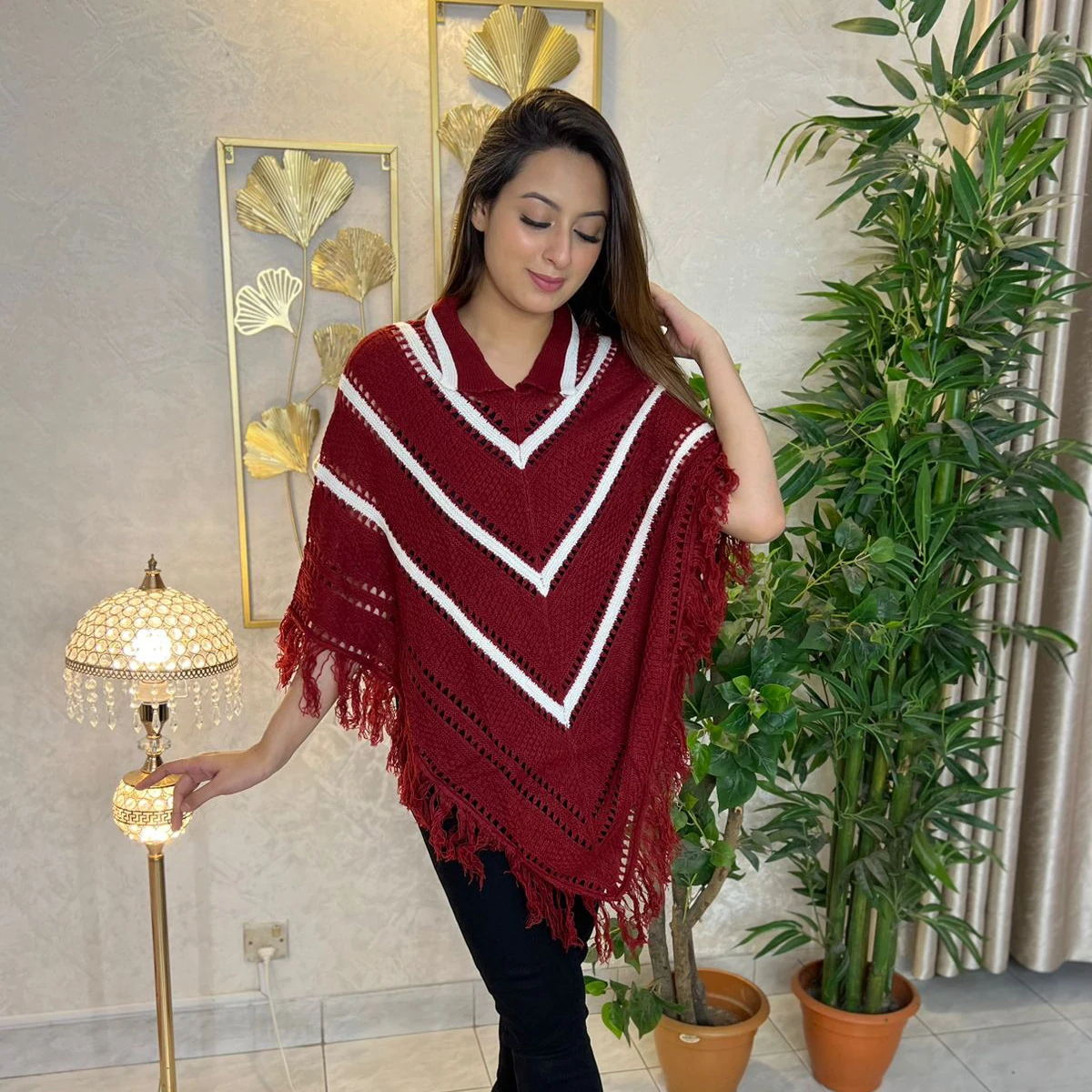 Maroon & White Chevron Knit Fringed Poncho
