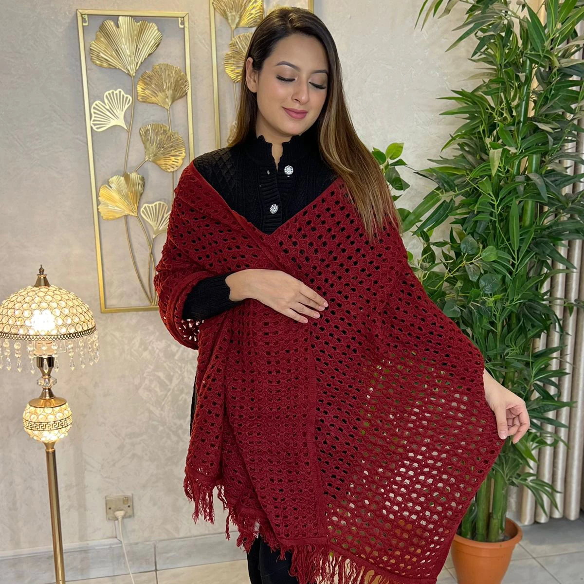 Maroon Crochet Knit Shawl with Fringe Border
