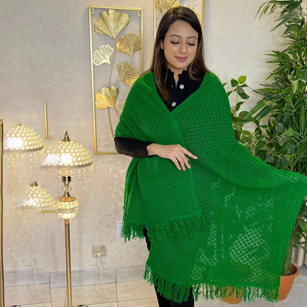 Elegant Green Crochet Knit Shawl with Fringe Border