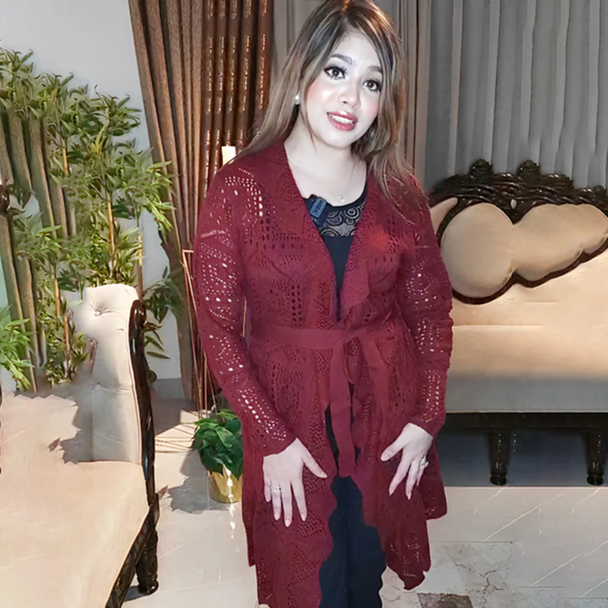 Elegant Maroon Crochet Long Cardigan - Image 4