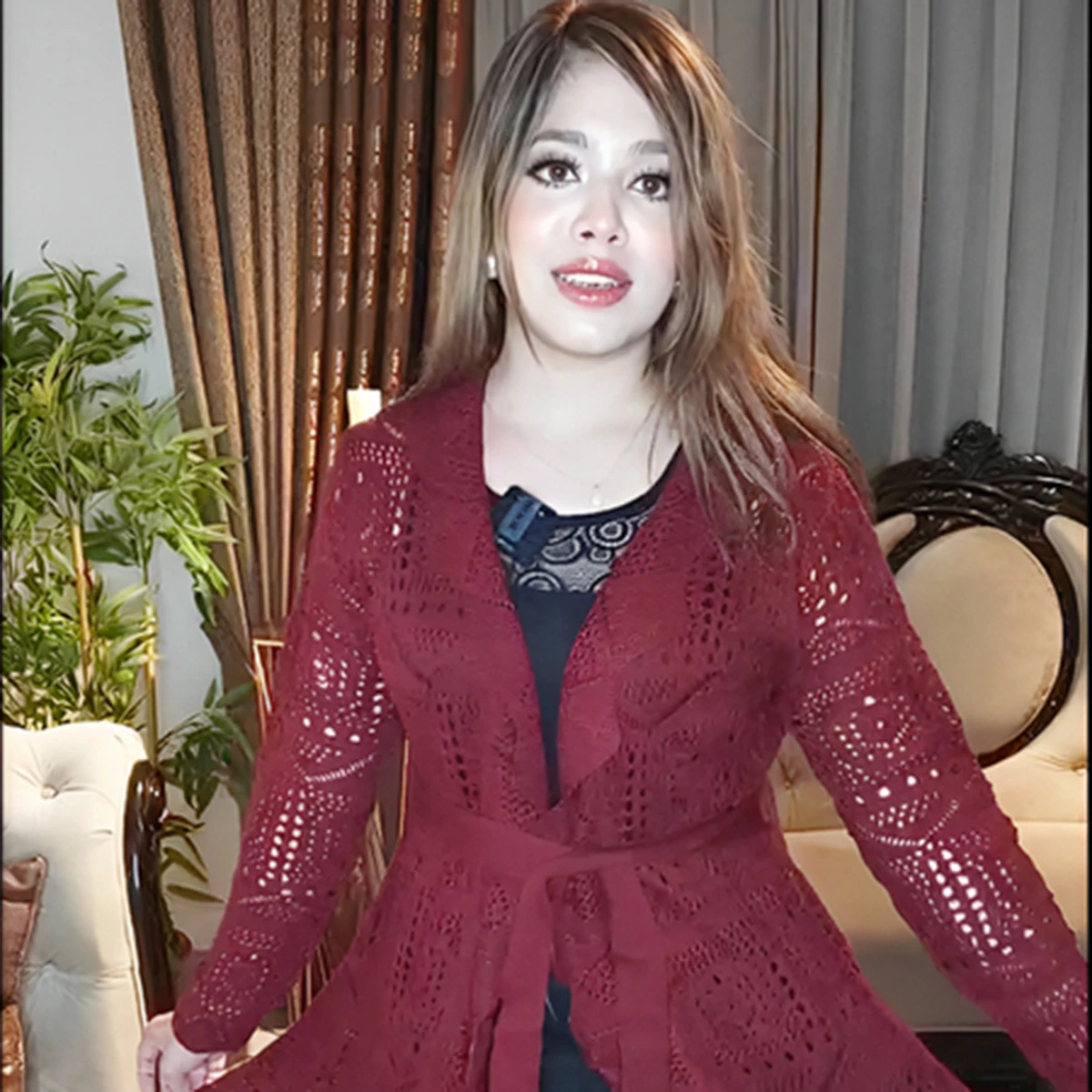 Elegant Maroon Crochet Long Cardigan - Image 5