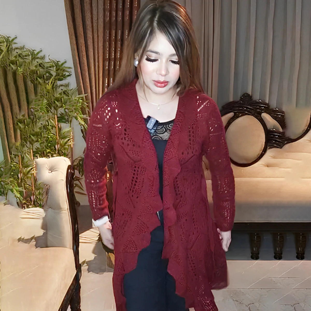 Elegant Maroon Crochet Long Cardigan - Image 2