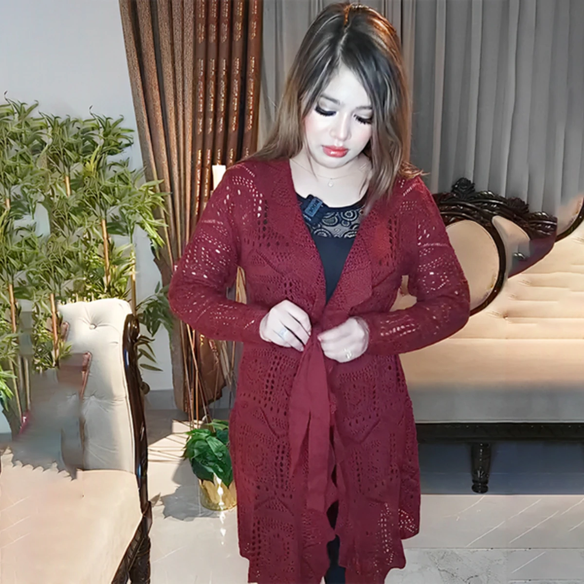 Elegant Maroon Crochet Long Cardigan