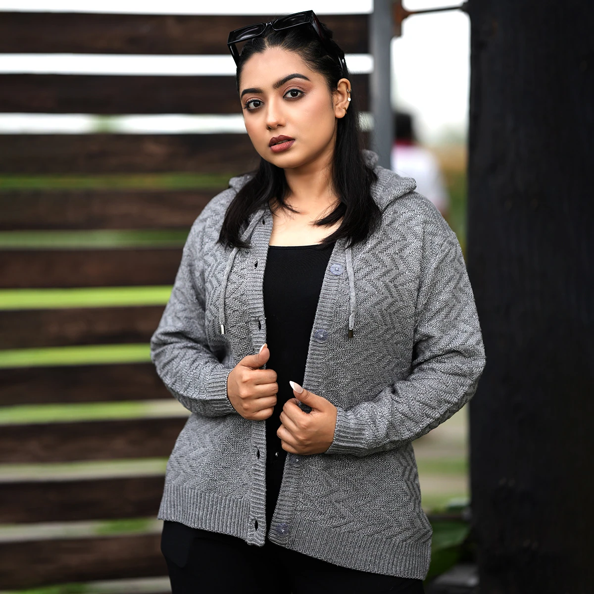 Classic Grey Knitted Hoodie Cardigan - Image 3