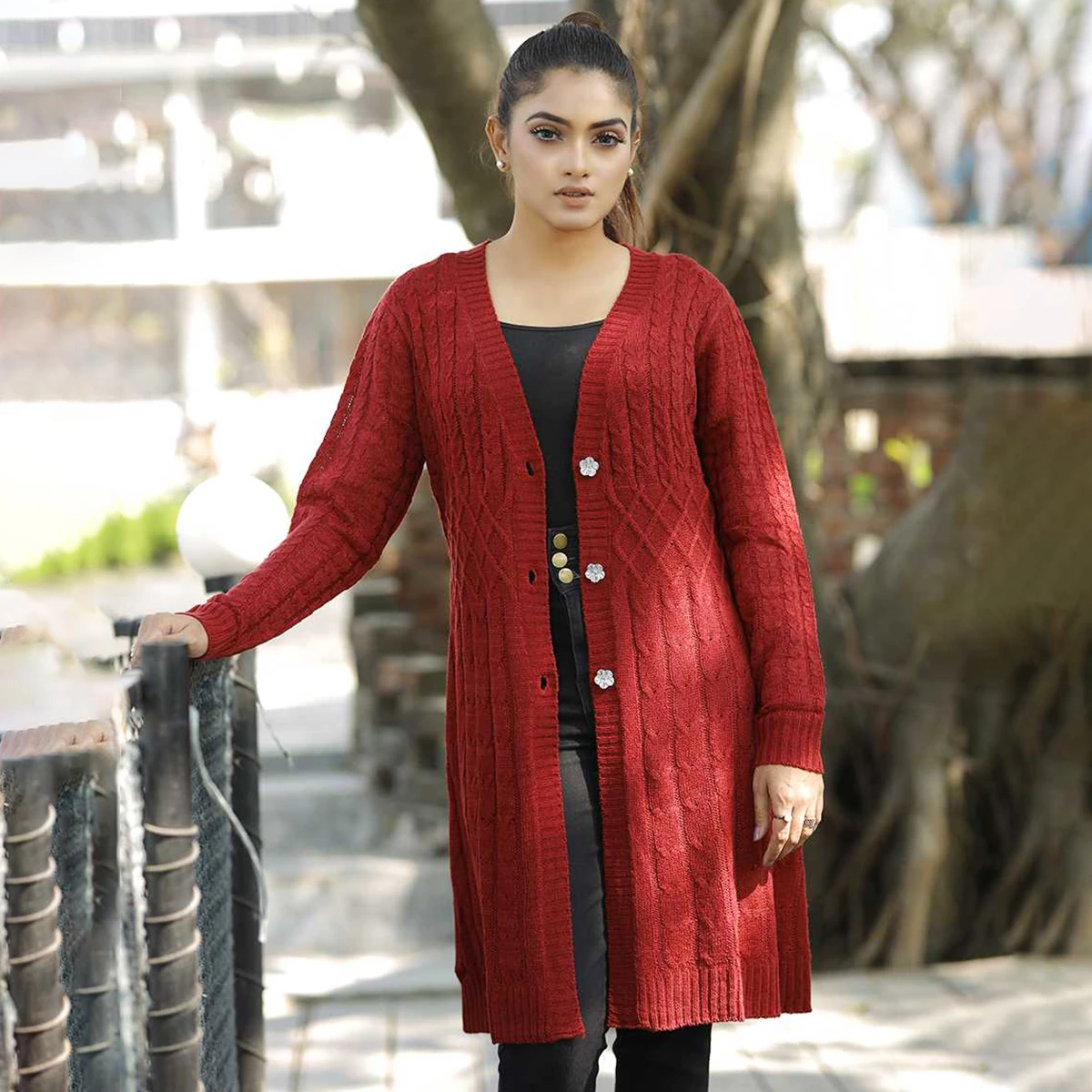 Women’s Long Maroon Knit Cardigan - Image 3