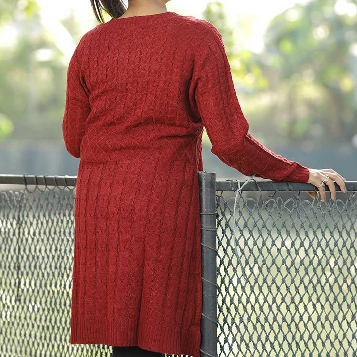 Women’s Long Maroon Knit Cardigan - Image 4