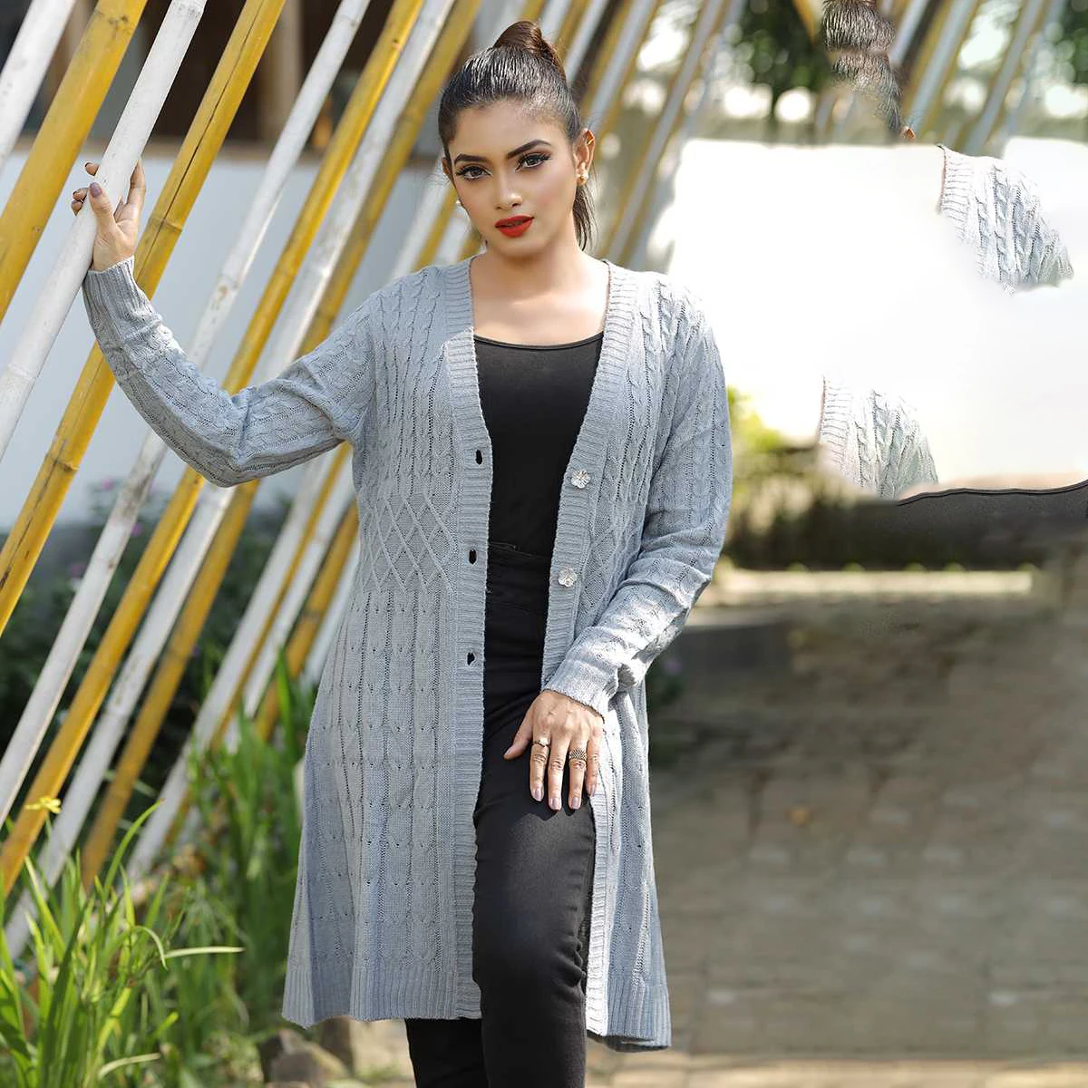 Women’s Long Light Grey Knit Cardigan - Image 3