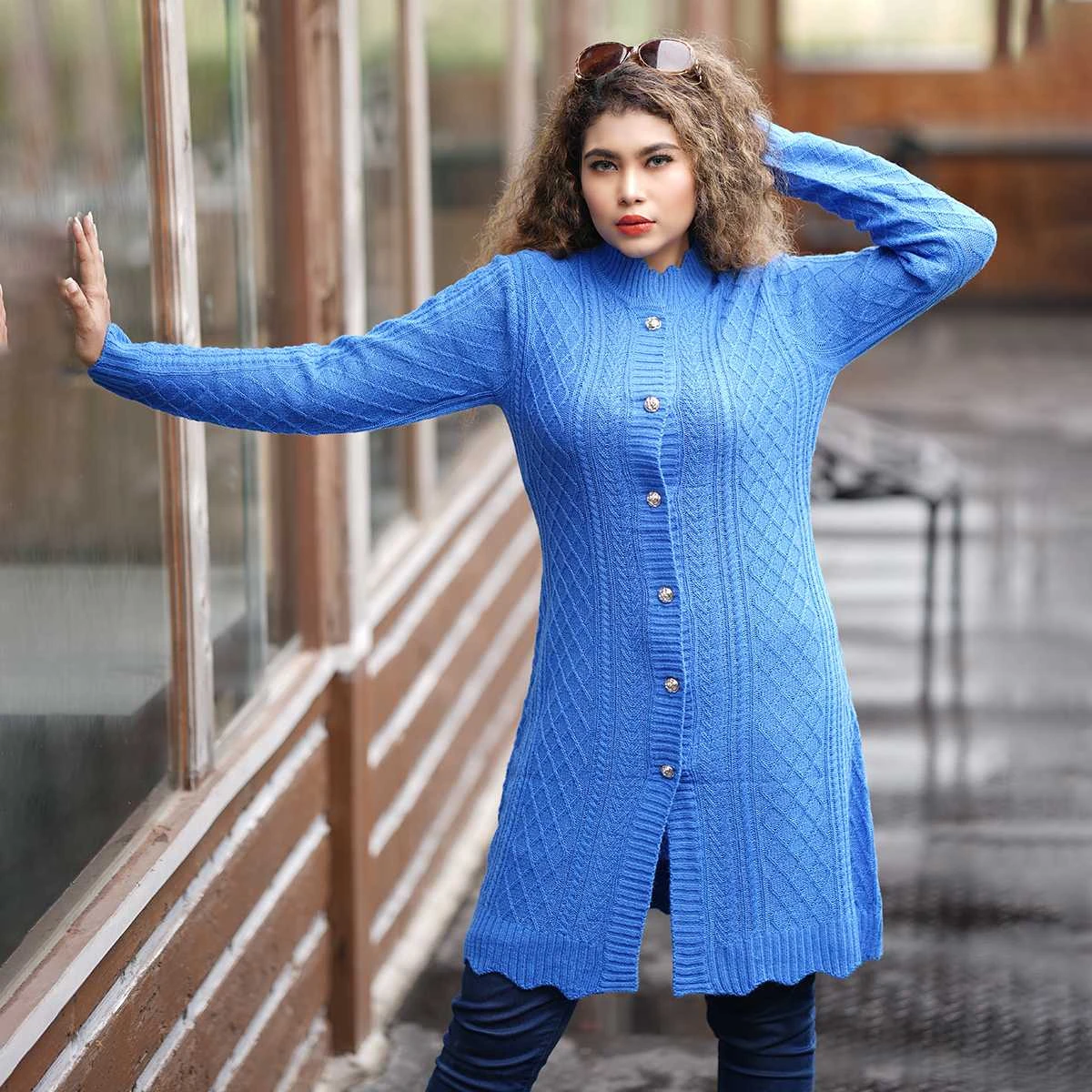 Women’s Long Sky Blue Knit Cardigan - Image 2