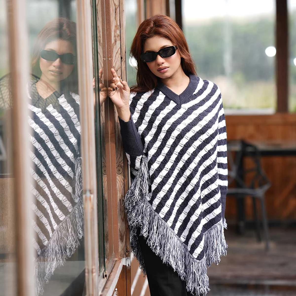 Women's Black & White Striped Knit Poncho - Image 5