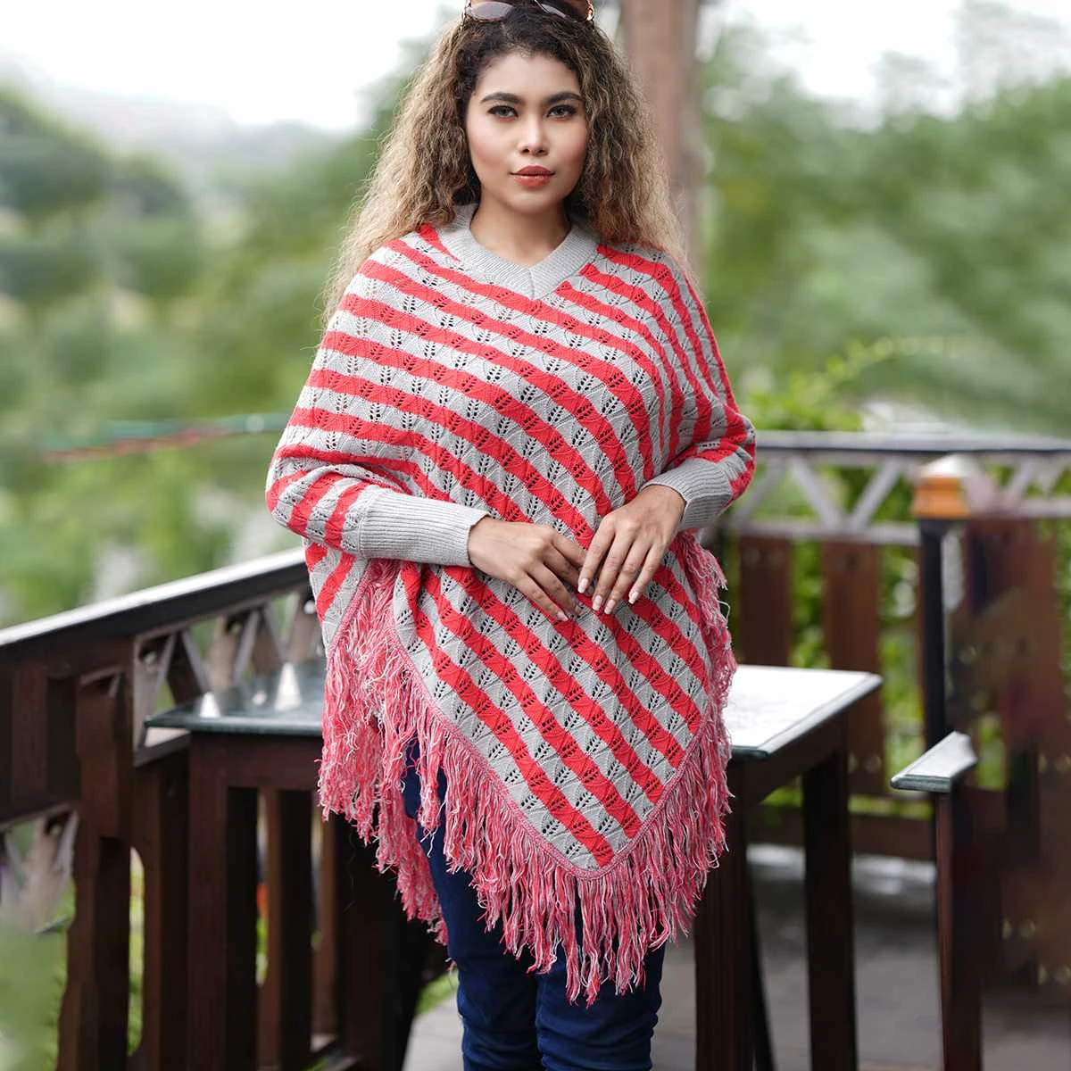 Women's Red & Grey Striped Knit Poncho - Image 3