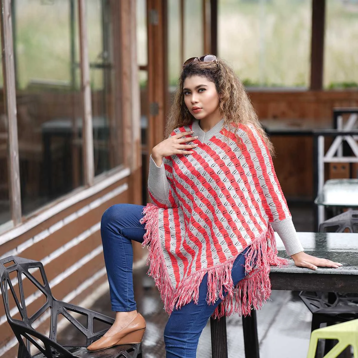 Women's Red & Grey Striped Knit Poncho - Image 5