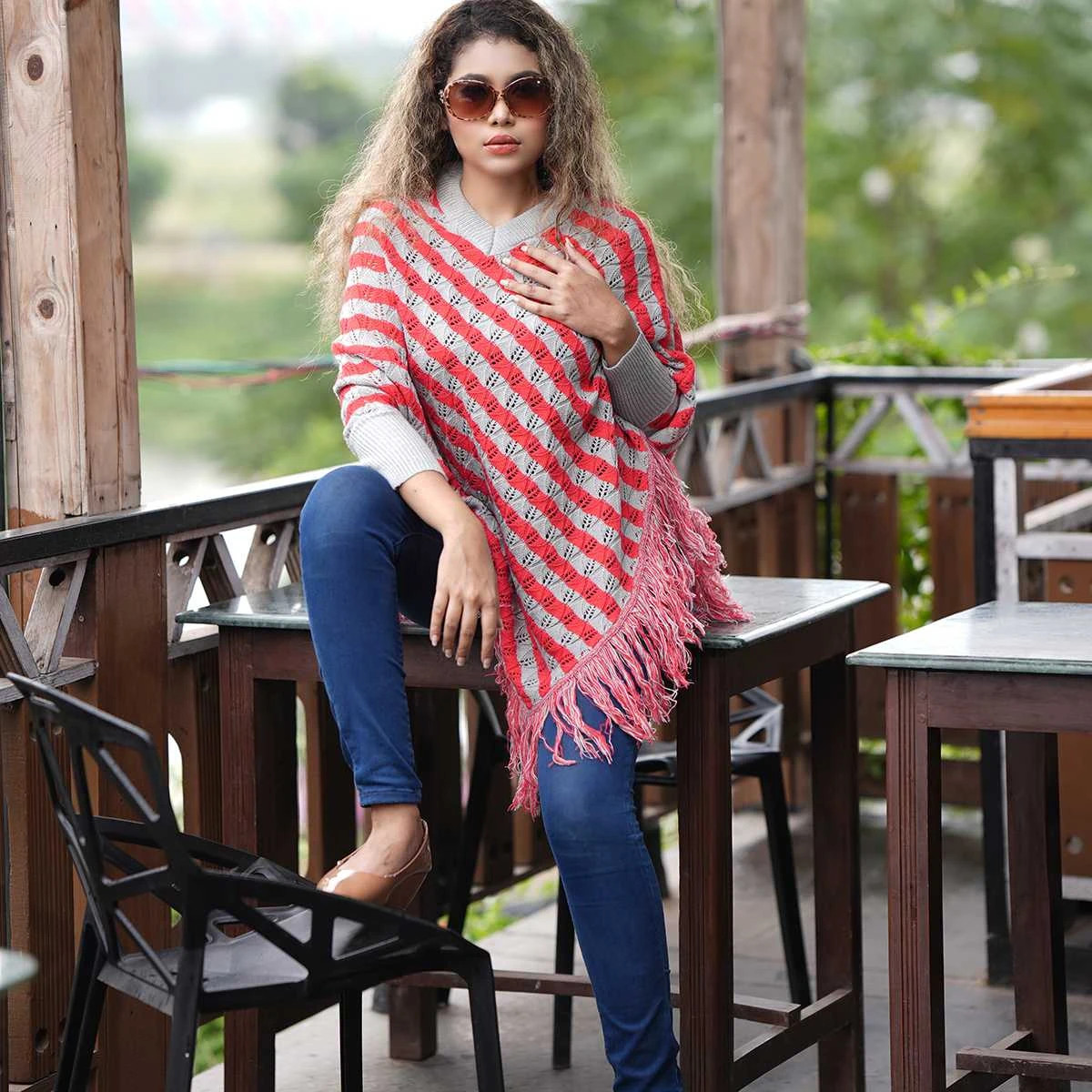 Women's Red & Grey Striped Knit Poncho - Image 2