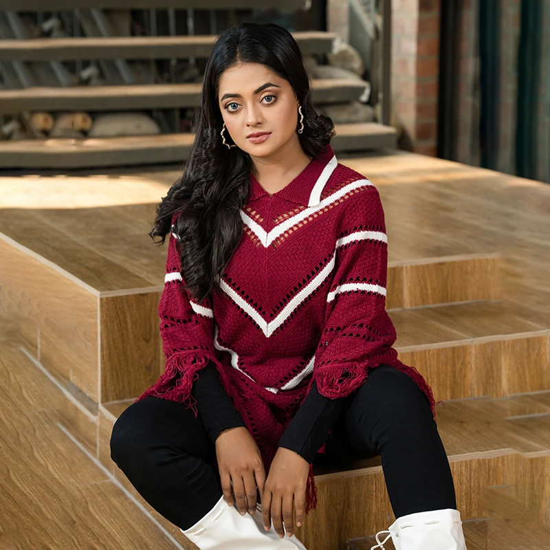 Women's Premium Maroon Chevron Poncho - Image 3