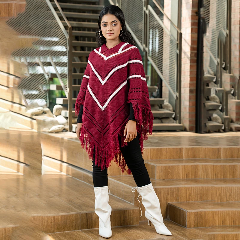 Women's Premium Maroon Chevron Poncho - Image 6