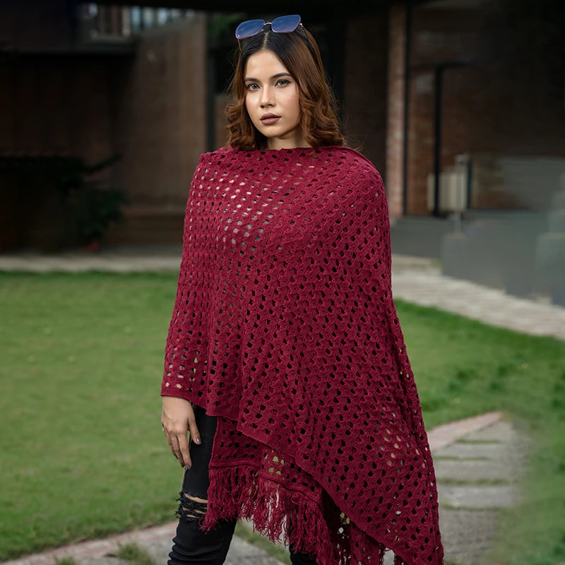 Women's Burgundy Crochet Shawl - Image 2