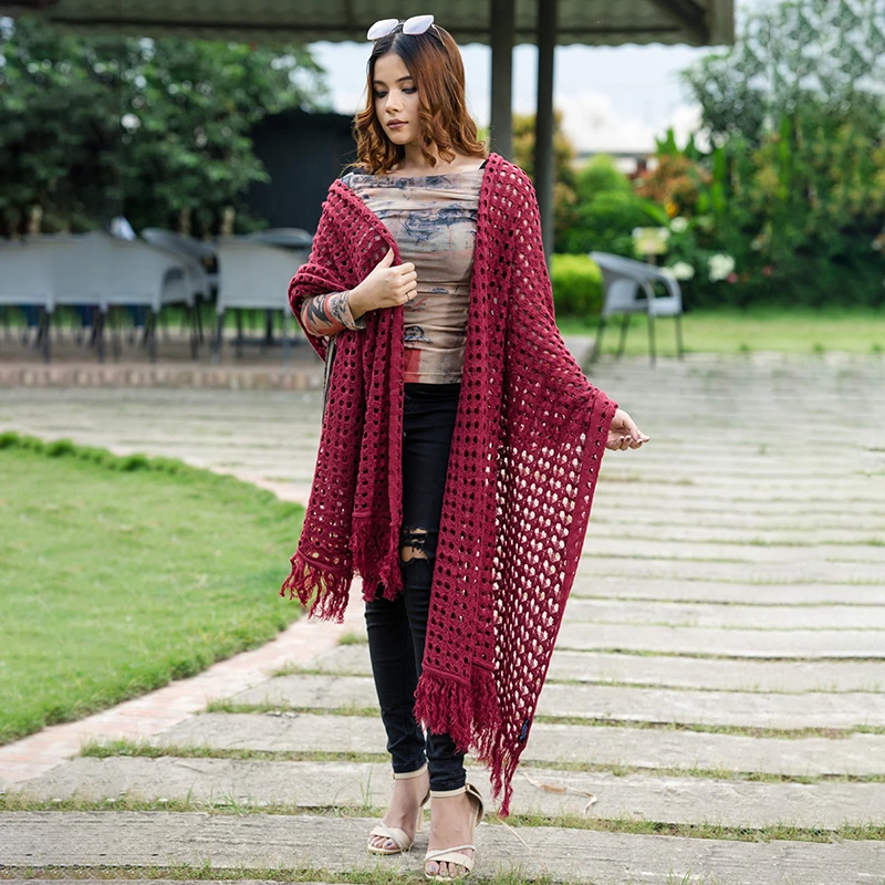 Women's Burgundy Crochet Shawl - Image 3