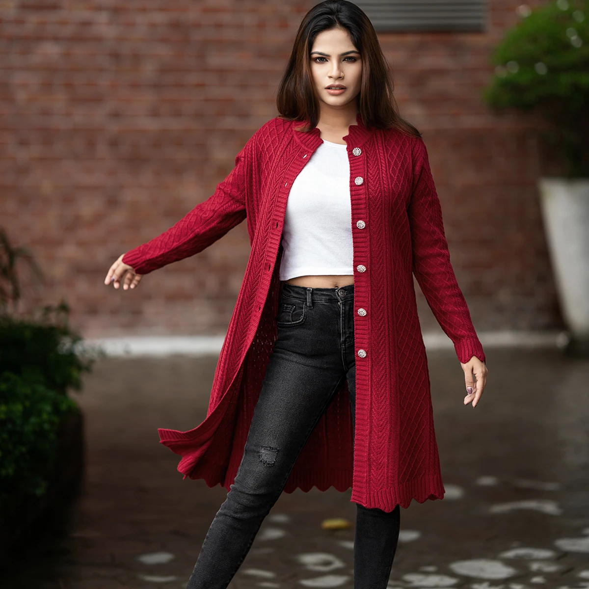 Elegant Maroon Long Knitted Cardigan - Image 4