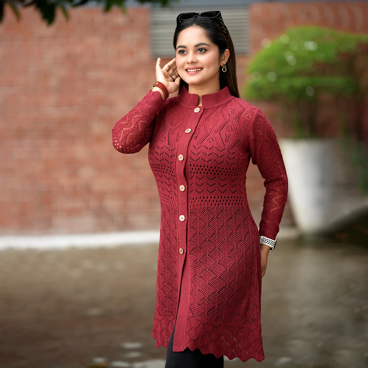 Elegant Maroon Long Knit Cardigan for Women - Image 2