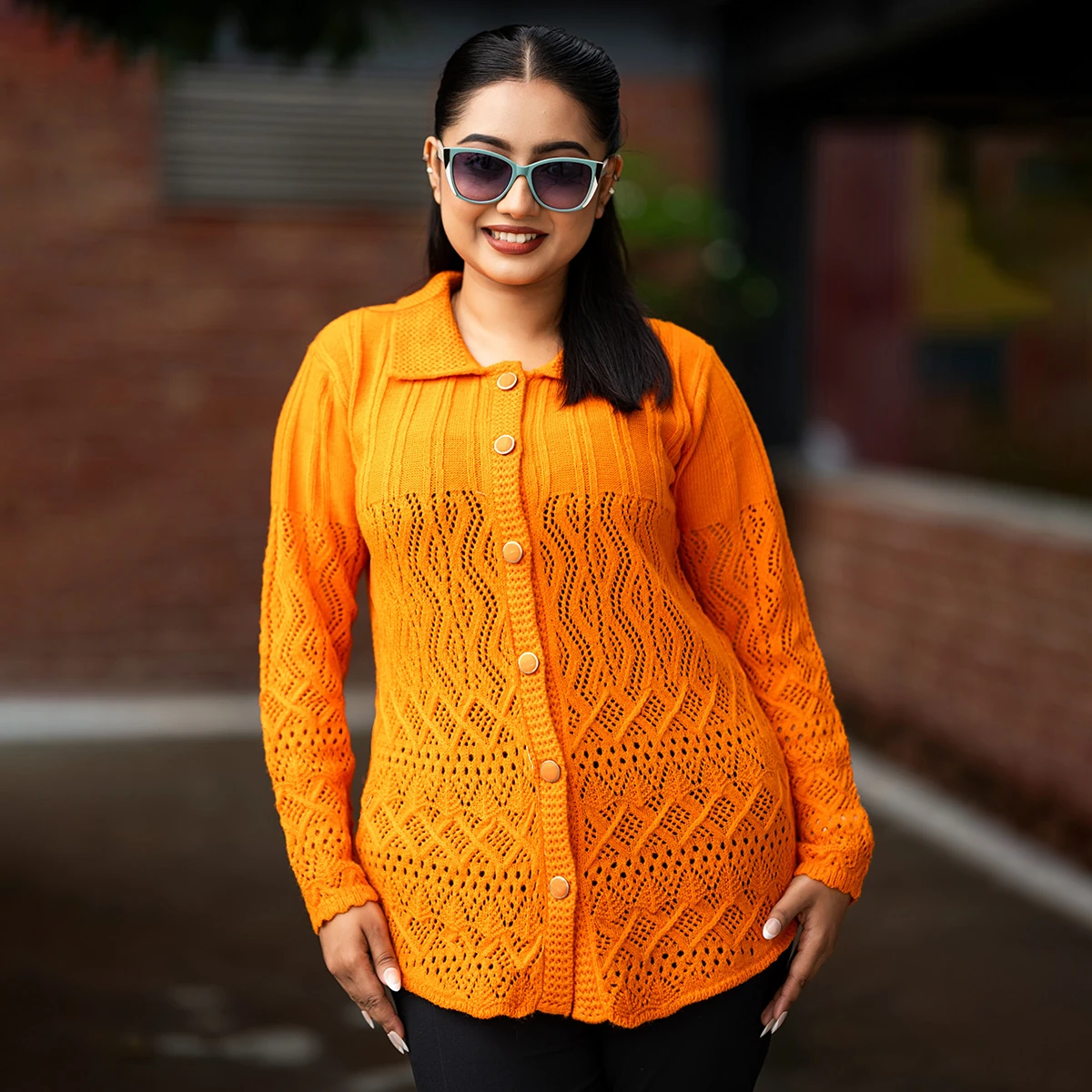 Bright Orange Knit Cardigan for Women