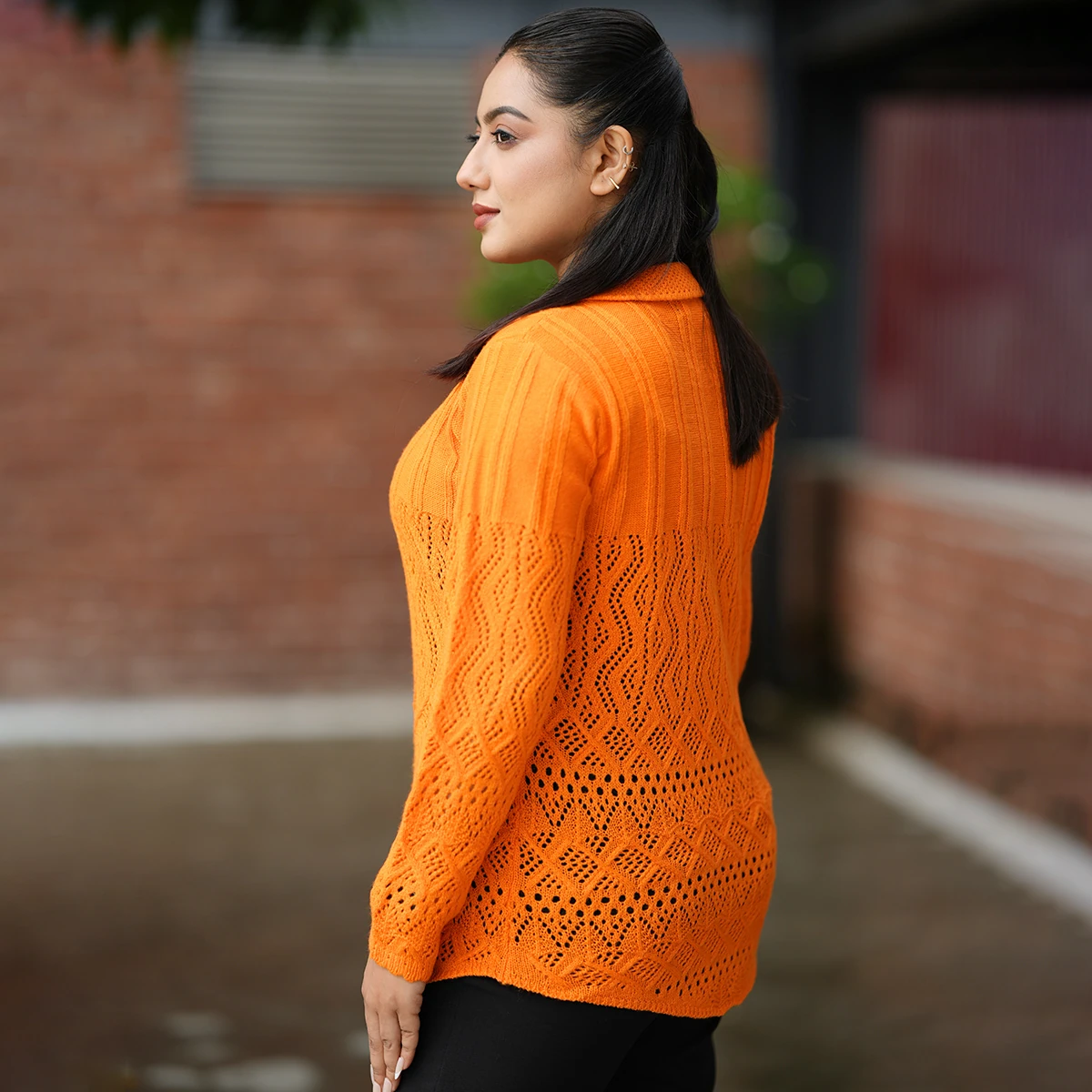 Bright Orange Knit Cardigan for Women - Image 2