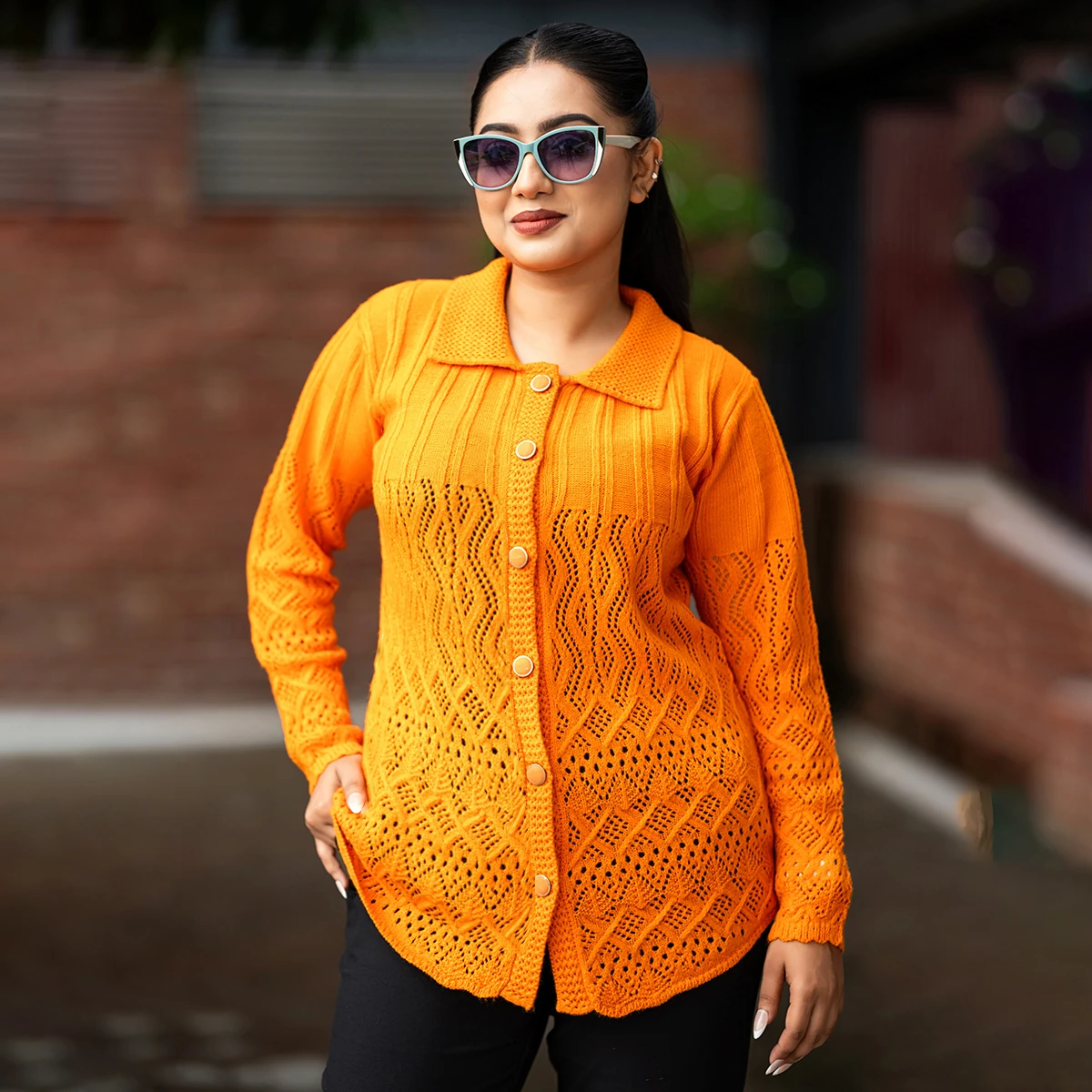 Bright Orange Knit Cardigan for Women - Image 4