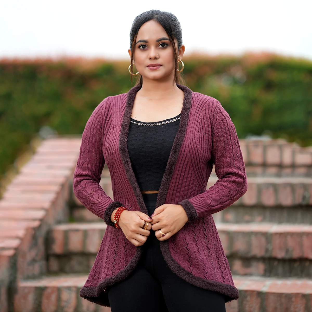 Elegant Wine Open Knit Cardigan for Women