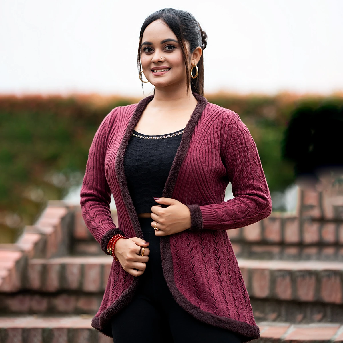 Elegant Wine Open Knit Cardigan for Women - Image 2