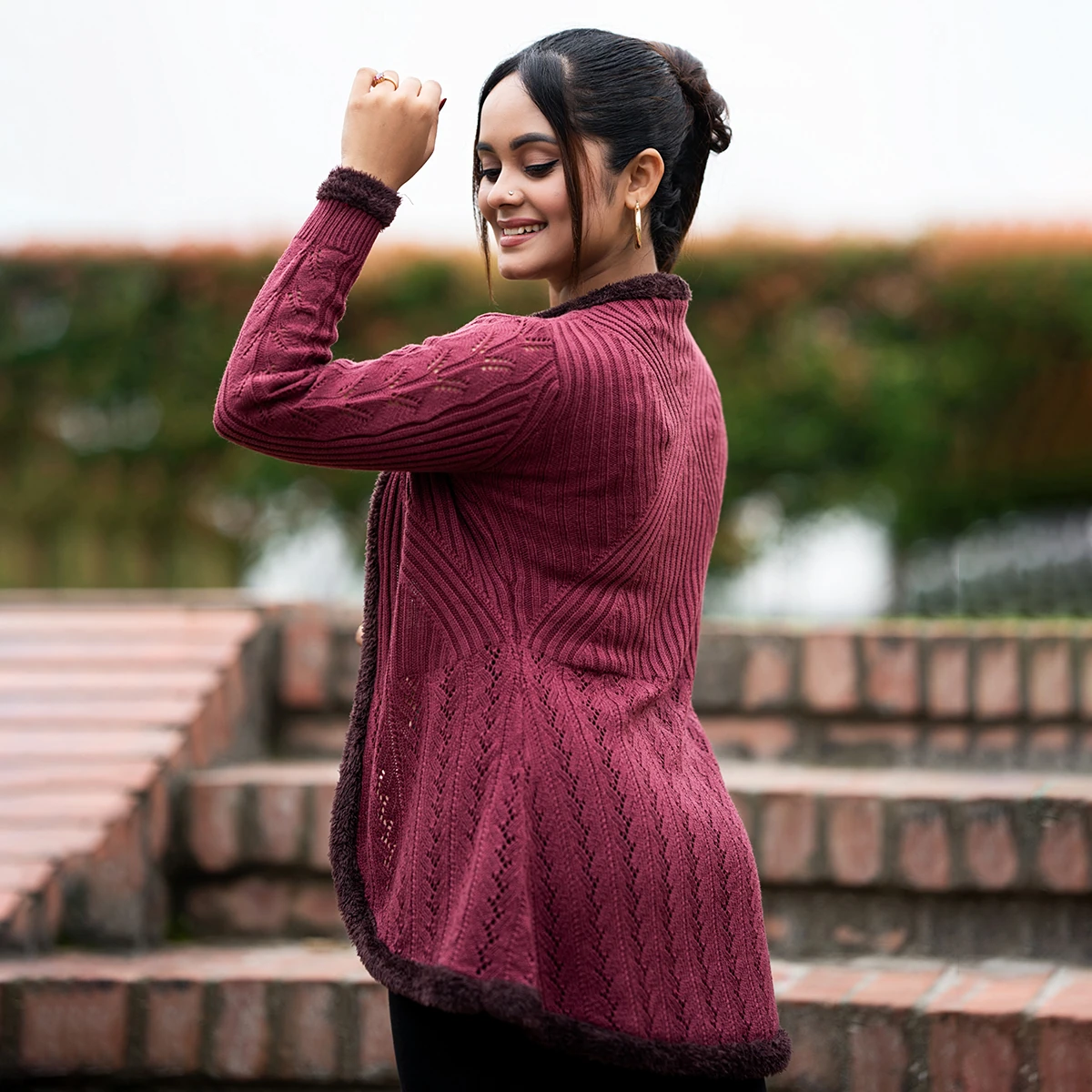 Elegant Wine Open Knit Cardigan for Women - Image 3