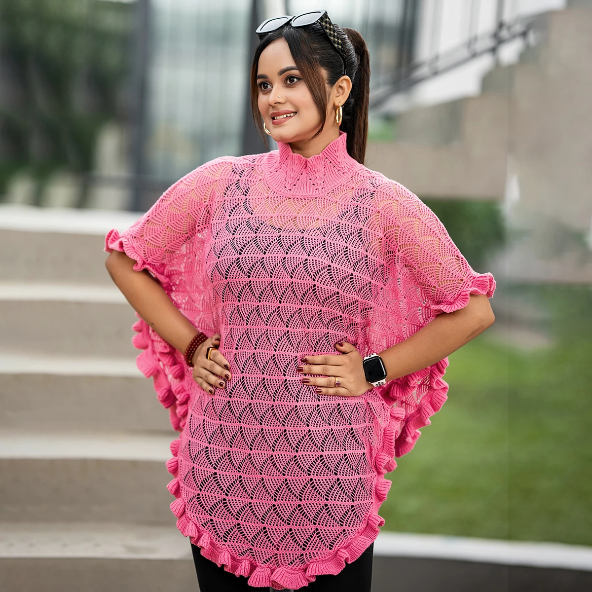 Elegant Pink Knit Poncho for Women