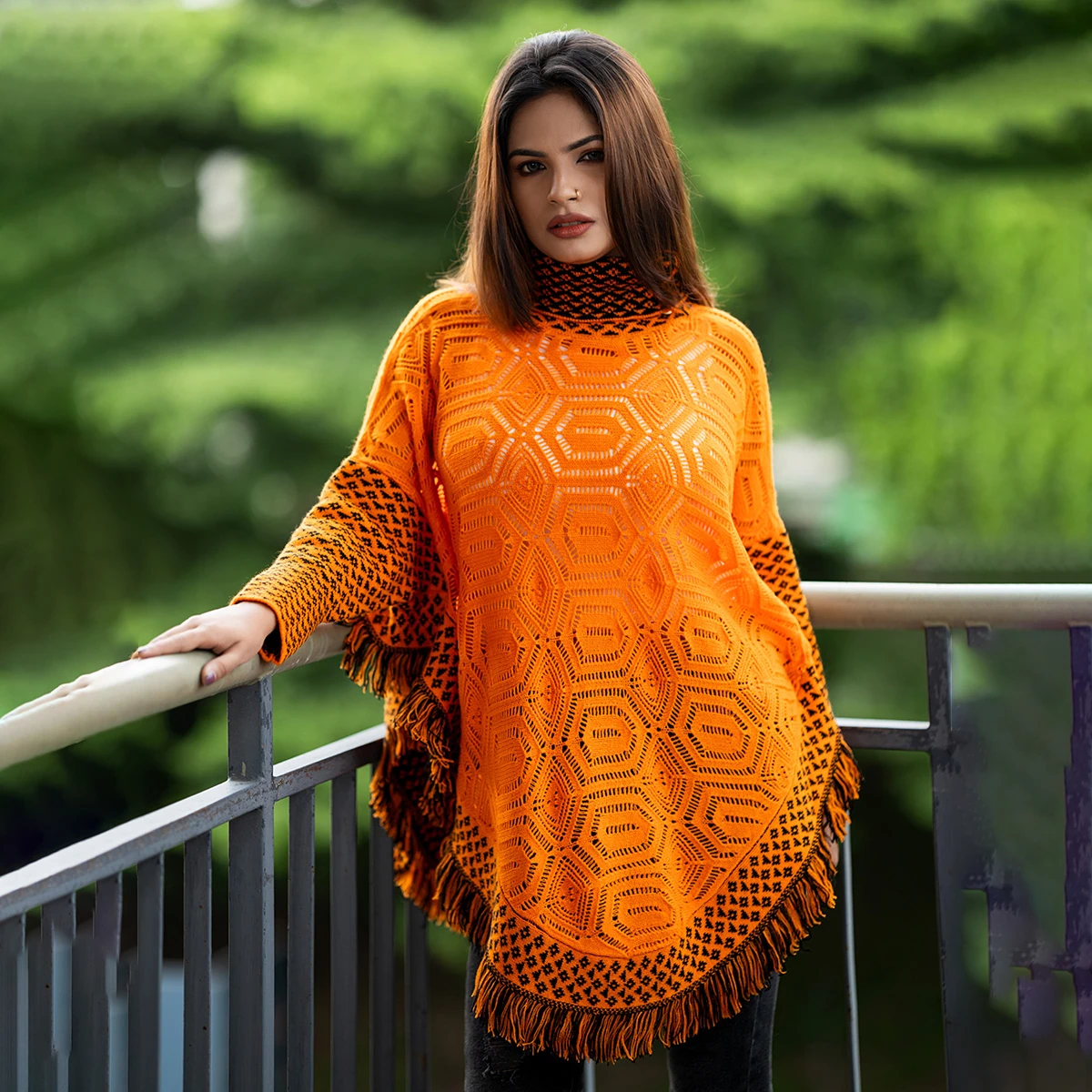 Premium Orange & Black Knit Poncho for Women - Image 2