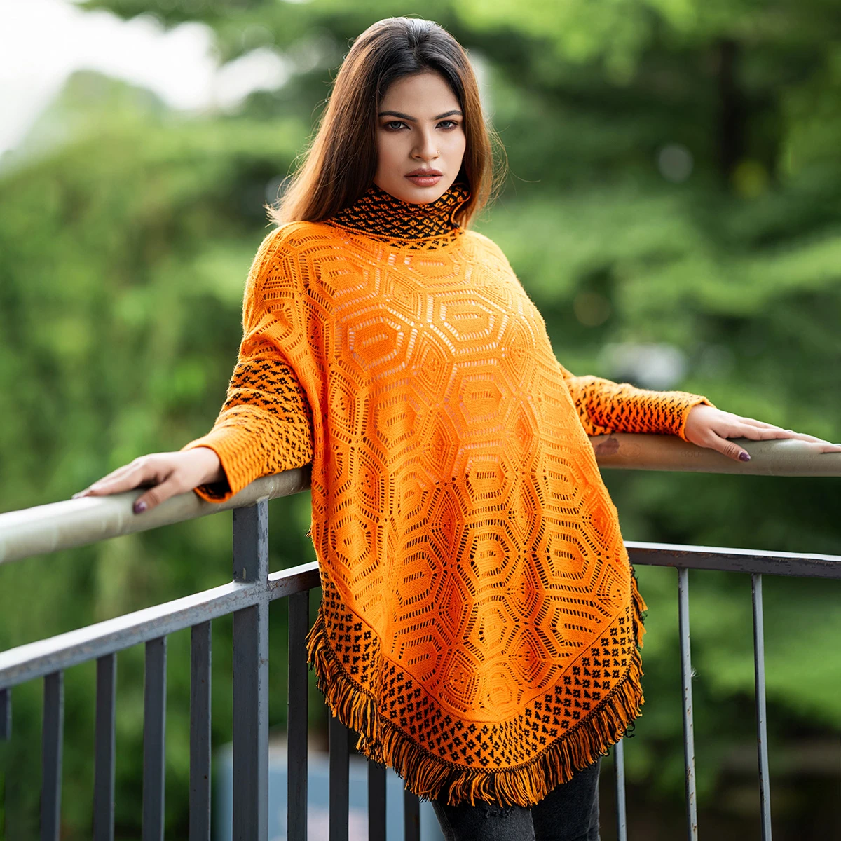 Premium Orange & Black Knit Poncho for Women - Image 3