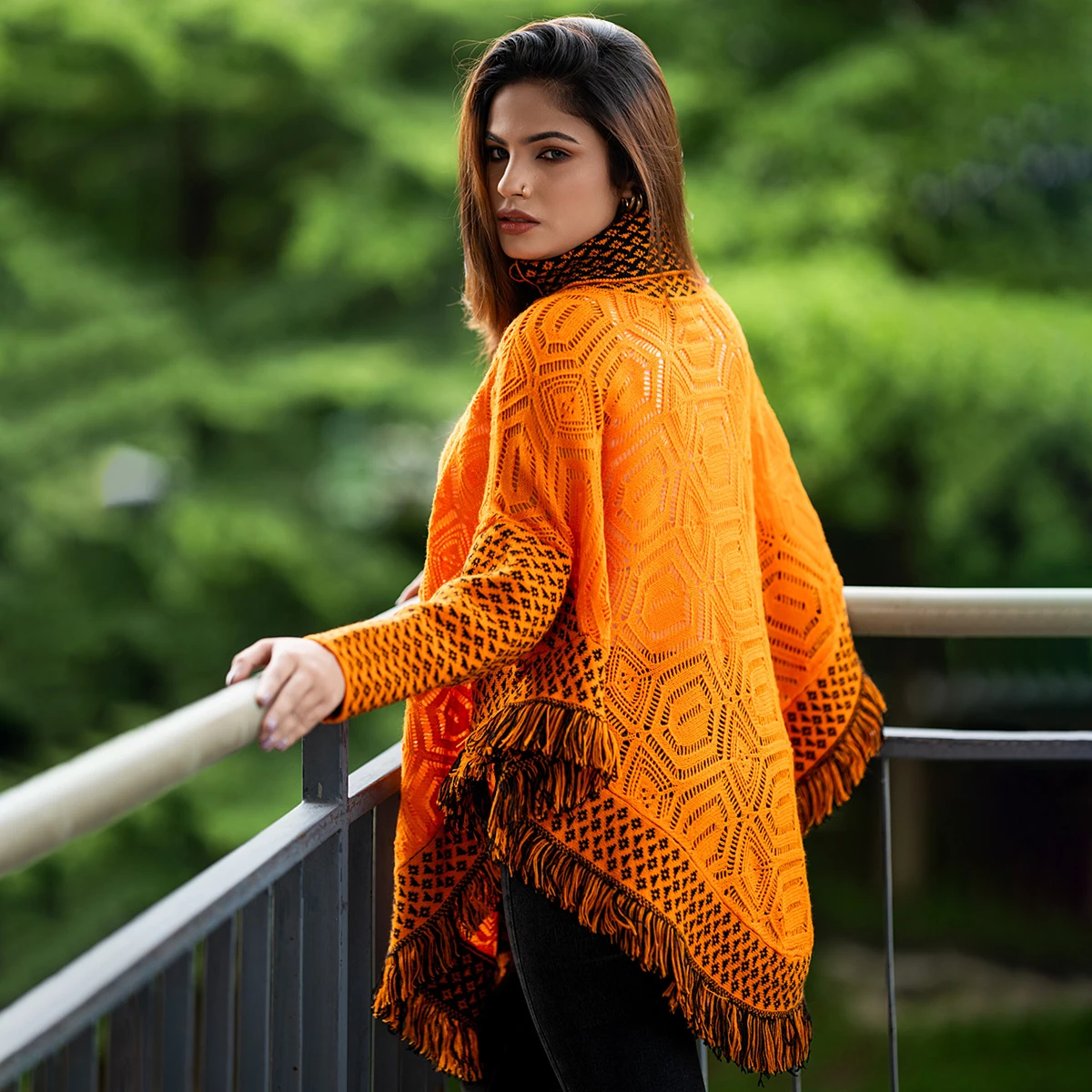 Premium Orange & Black Knit Poncho for Women - Image 4