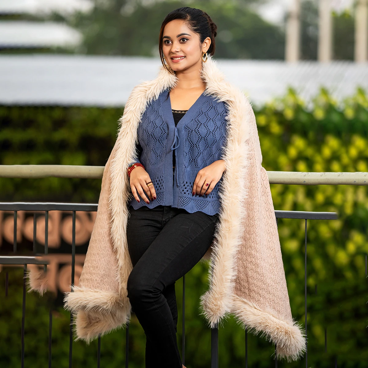 Luxury Beige Fur-Lined Knit Shawl for Women - Image 4