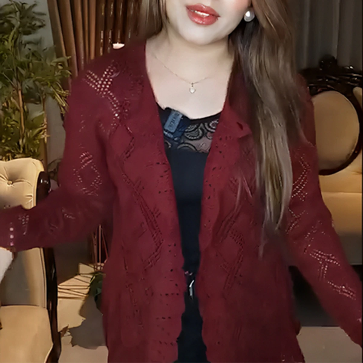 Classic Maroon Crochet Short Cardigan for Women