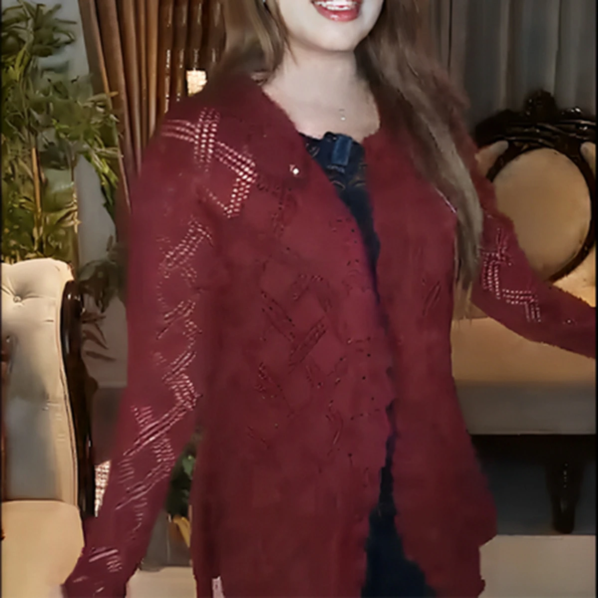 Classic Maroon Crochet Short Cardigan for Women - Image 2