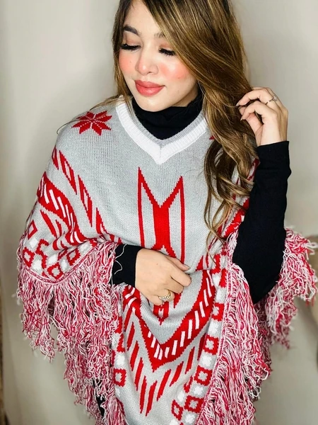 Women's Grey & Red Winter Poncho - Image 3
