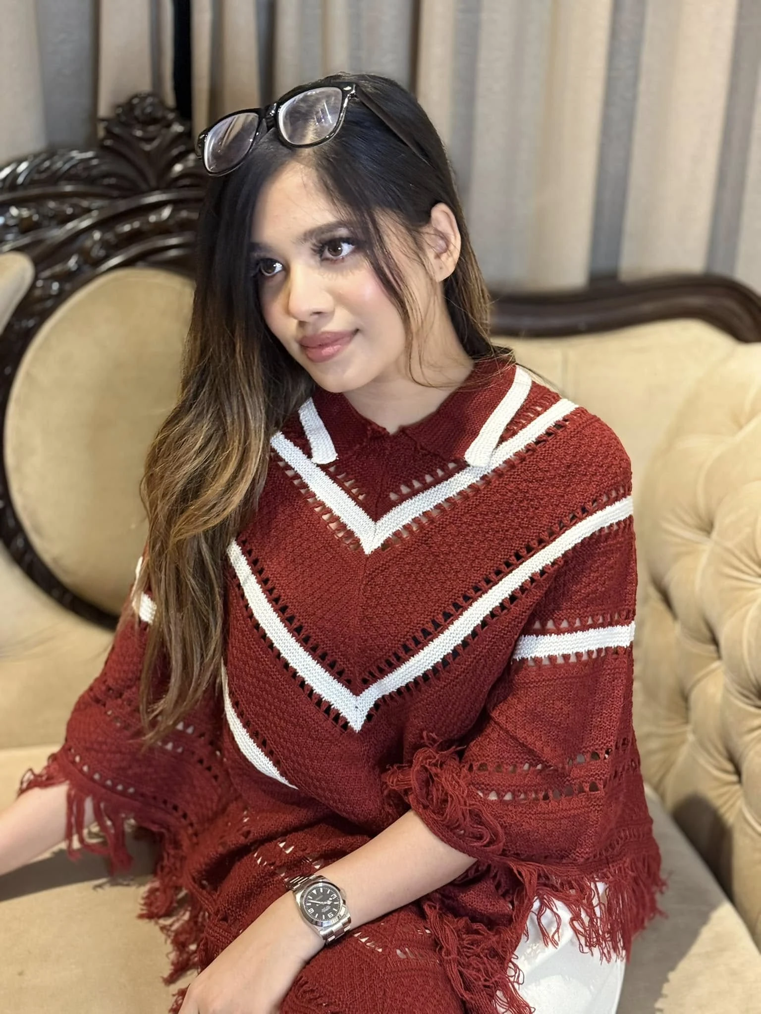 Maroon & White Chevron Pattern Knit Poncho - Image 2