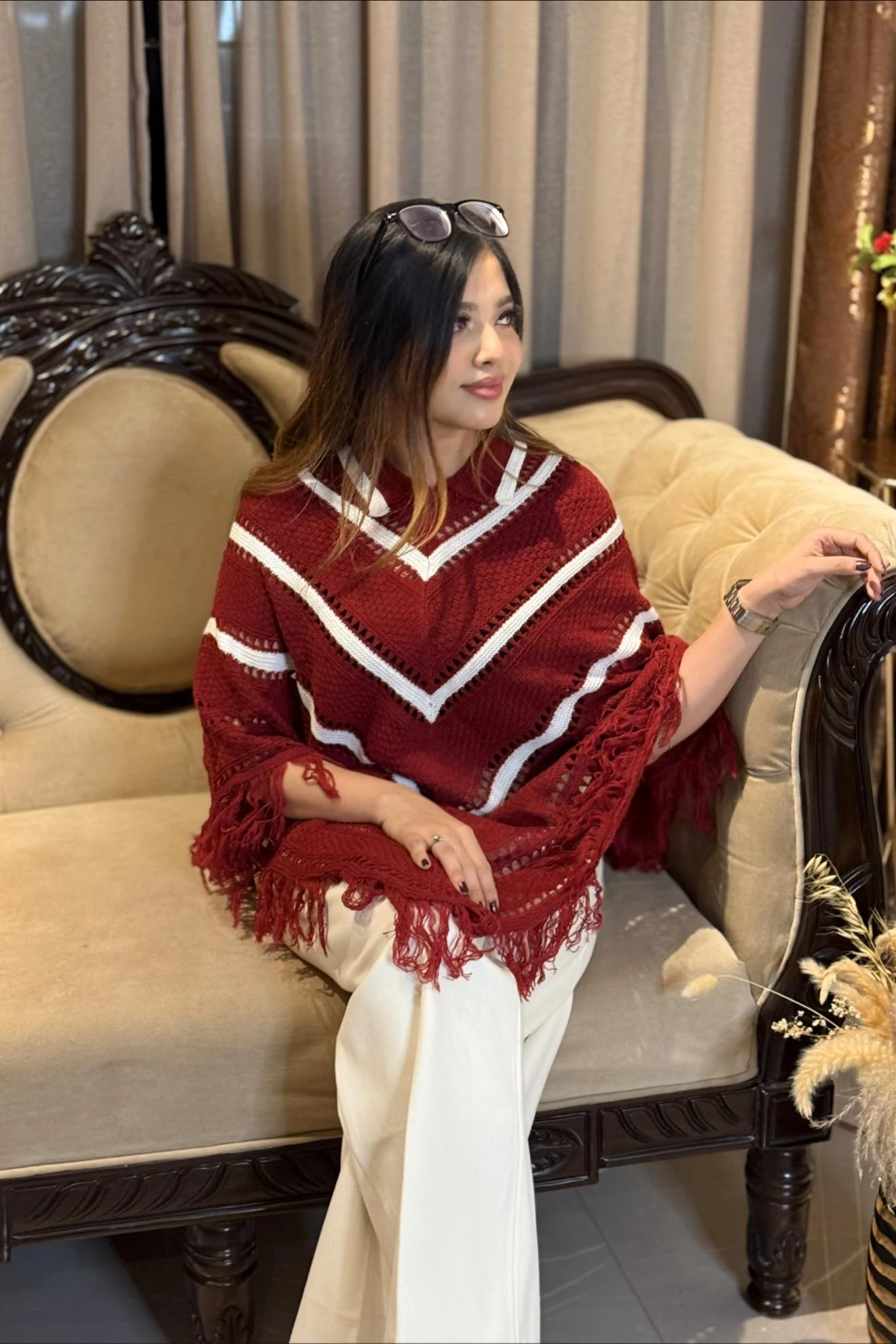 Maroon & White Chevron Pattern Knit Poncho - Image 3