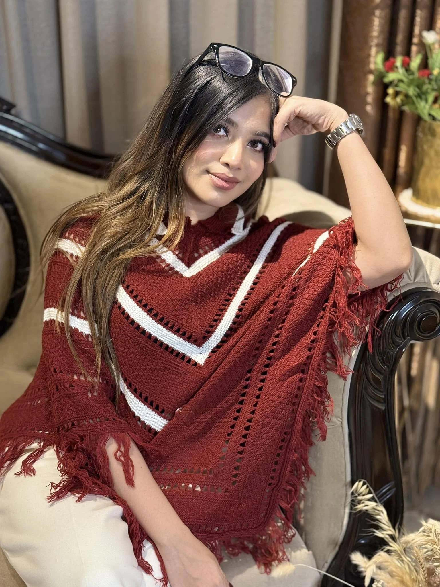 Maroon & White Chevron Pattern Knit Poncho - Image 4